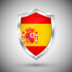 Obraz premium Spain flag on metal shiny shield vector illustration. Collection of flags on shield against white background. Abstract isolated object