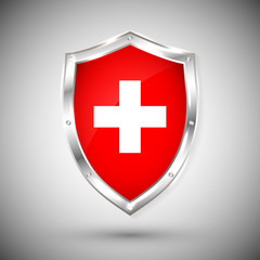 Obraz premium Switzerland flag on metal shiny shield vector illustration. Collection of flags on shield against white background. Abstract isolated object