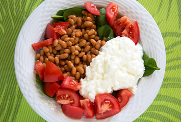food lunch plate spinach greens brown beans cottage cheese tomato