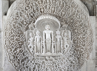 Ancient Architectural Ornament, Stone Carving Decorations Inside Ranakpur Jain Temple in Rajasthan,...