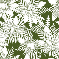 Seamless pattern of tropical leaves, illustration leafs of areca palm, fan palm, babana, philodendron, monstera, fern