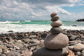 piled rocks at seaside