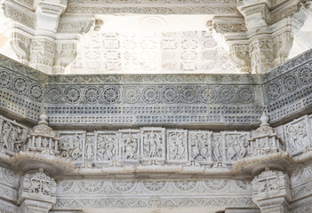 Ancient Architectural Ornament, Stone Carving Decorations Inside Ranakpur Jain Temple in Rajasthan,...