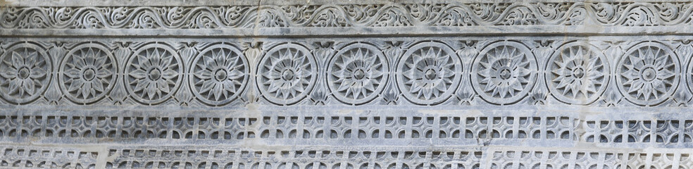 Ancient Architectural Ornament, Stone Carving Decorations Inside Ranakpur Jain Temple in Rajasthan, India