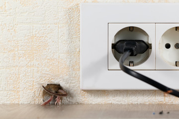 closeup mouse (Mus musculus)  climbs into a hole in the wall with electric outlet. Mice control concept. Extermination.