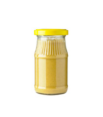 jar with mustard on white background