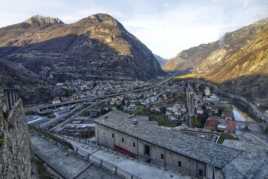Forte di Bard, Valle d'Aosta region Italy, December 2016. View from the panoramic elevator leading to the top of the fort. This place was chosen in 2014 to shoot a film of adventure, action, fantasy.