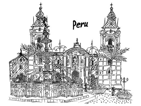 Peru Lima sketch black and white palm palace fountain