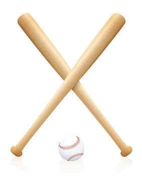Two crossed baseball bats with one ball beneath. Symbol for sporting competition, match, contest, battle, fight. Isolated vector illustration on white background.
