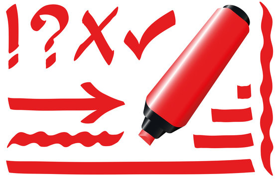 Red highlighter. Bright red marker pen plus strokes and signs like call sign, question mark, tick mark and arrow. Isolated vector illustration on white background.