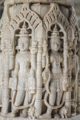 Ancient Architectural Ornament, Stone Carving Decorations Inside Ranakpur Jain Temple in Rajasthan, India