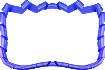 A strip of blue color from a shiny satin fabric, laid out with elongated coils in the form of a frame on a white background.