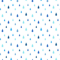 Rain, tears seamless vector repeat pattern. Falling water drops, droplets. Shades of blue. Rainy endless background, texture.