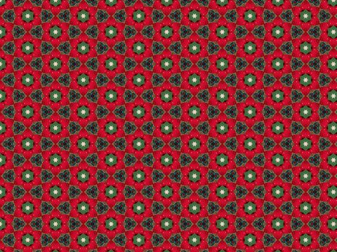 background with strawberries in felt red petals and green leaves and a pattern of blue and gold and red beads