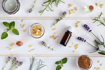 Bottles of essential oil with frankincense, lavender, thyme and other herbs