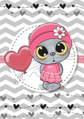 Greeting card Cute Cat with balloon and bonnet