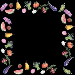background, frame, vegetables, fruits, black, background, board, chalk, sketch, food, restaurant, cafe, menu