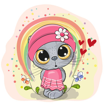 Cute Cartoon Cat with rainbow