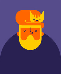 Cat sleeps on head hipster. Guy with beard and sleeping pet. Vector illustration