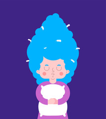 Little girl and pillow . Female child holding cushion. Vector illustration