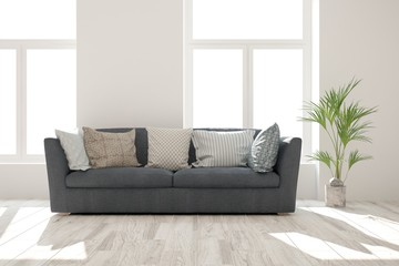 Idea of white minimalist room with sofa. Scandinavian interior design. 3D illustration