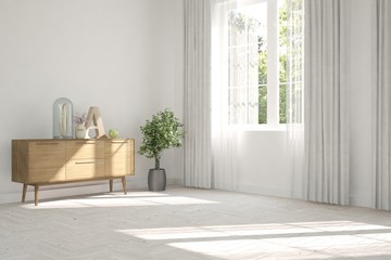 White empty room with summer landscape in window. Scandinavian interior design. 3D illustration