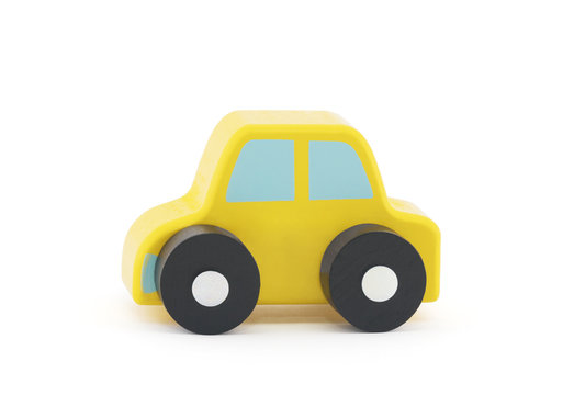 Small Wooden Toy Car On White Background With Clipping Path