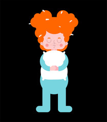 Little girl and pillow . Female child holding cushion. Vector illustration