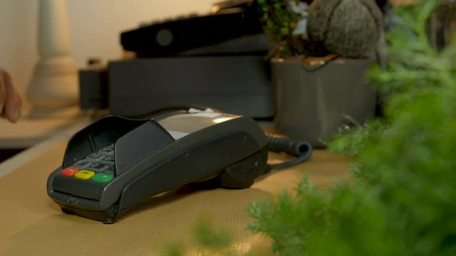 Hand offering credit card for payment at checkout in nursery