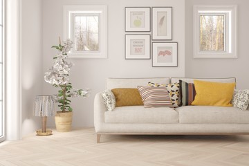 Idea of white minimalist room with sofa. Scandinavian interior design. 3D illustration