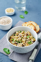 Roasted eggplant pine nuts mint barley salad