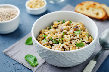 Roasted eggplant pine nuts mint barley salad