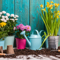 Photo of colorful chrysanthemums in pots near wooden fence