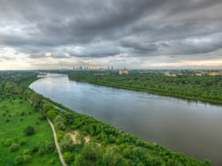 Aerial view of Vistula river and Warsaw city center