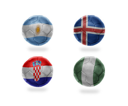 soccer team group D. football balls with national flags of argentina, iceland, croatia, nigeria