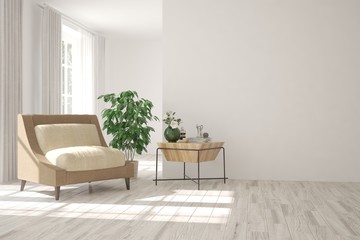 Naklejka na ściany i meble Inspiration of white minimalist room with armchair. Scandinavian interior design. 3D illustration