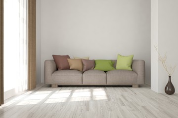 Idea of white minimalist room with sofa. Scandinavian interior design. 3D illustration