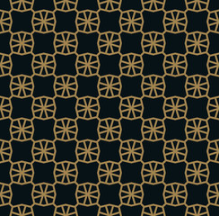 Seamless pattern of intersecting thin gold lines on black background. Abstract seamless ornament.