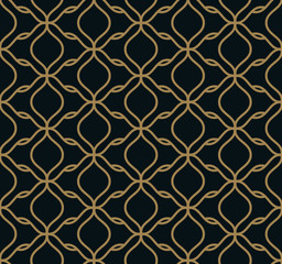 Fototapeta premium Seamless pattern of intersecting thin gold lines on black background. Abstract seamless ornament.
