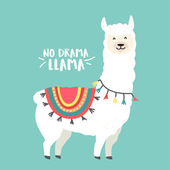 Cute cartoon llama vector design with No prob llama motivational quote - obrazy, fototapety, plakaty
