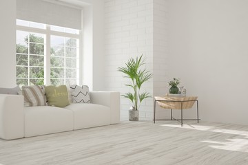 Idea of white room with sofa and summer landscape in window. Scandinavian interior design. 3D illustration
