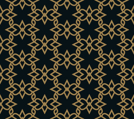 Seamless pattern of intersecting thin gold lines on black background. Abstract seamless ornament.