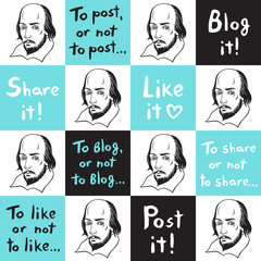 Seamless vector pattern with Shakespeare portrait and social media funny citations. Internet, network, blog, web communication quotes background. Hand drawn lettering. Chessboard texture.