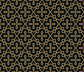 Seamless pattern of intersecting thin gold lines on black background. Abstract seamless ornament.