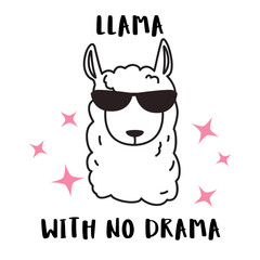 Llama with no drama motivational quote with cute cartoon doodle llama character vector design. Drawn llama head portrait sticker, patch badge