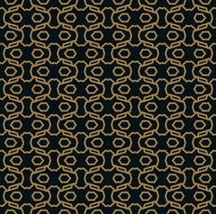Seamless pattern of intersecting thin gold lines on black background. Abstract seamless ornament.
