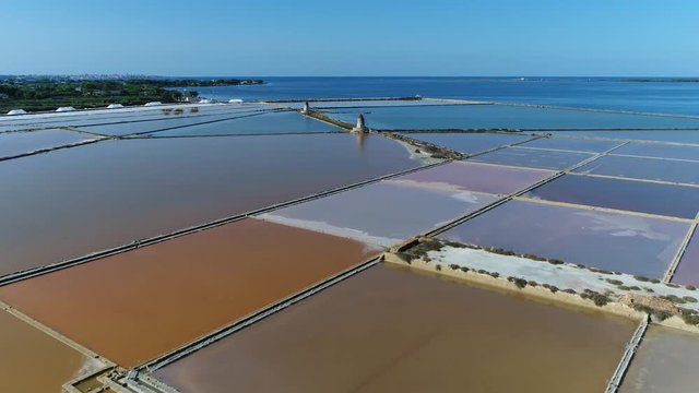 Aerial salt evaporation ponds filled from ocean salt crystals can be harvested as water dries up these ponds have vivid colours as species of algae and micro-organisms thrive in conditions of salinity