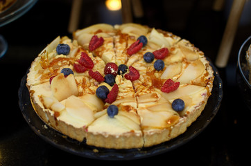 Pear Tart with vanilla cream and caramel 