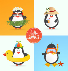 Cute summer penguin characters - Set summer of cartoon vector illustrations