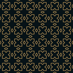 Seamless pattern of intersecting thin gold lines on black background. Abstract seamless ornament.